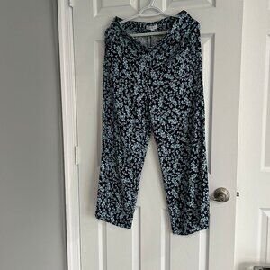 Women's Pull-On Wide Leg Pants - Blue Floral Design - Size Petite Medium